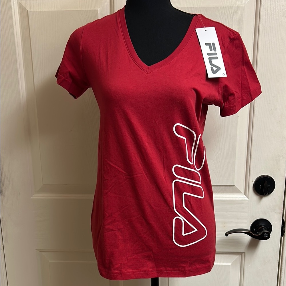 FILA Women's Red V-Neck Top, Size Small, 109% Cotton, Pit to Pit 17”, L 36”, NWT